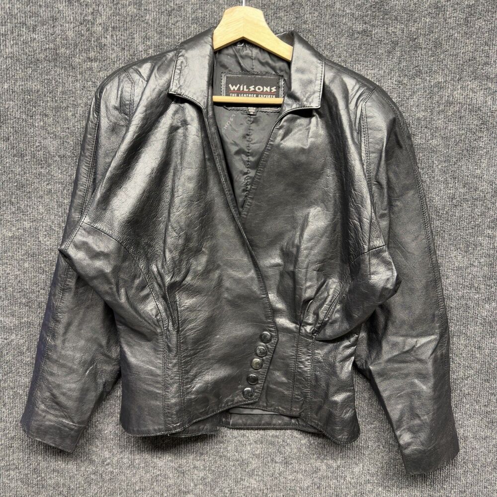VTG WILSONS 100% Leather Bolero Jacket Black Cropped Tapered 5 Snaps Medium Moto